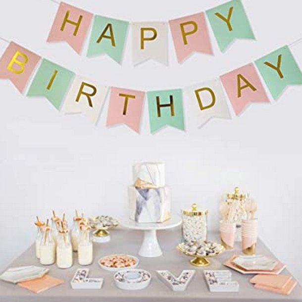 Happy Birthday Banner/ Mint, Lyserd, Hvid