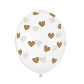 Latex Ballon Gennemsigtig M. Guld Hjerter 30 Cm./5 Stk.