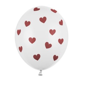 Latex Ballon Hvid M. Rde Hjerter 30 Cm./5 Stk.
