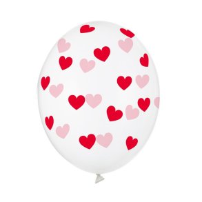 Latex Ballon Gennemsigtig M. Rde Hjerter 30 Cm./5 Stk.