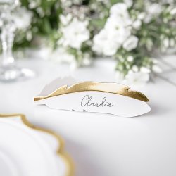 Bordkort Fjer Hvid m. Guld/ 10 Stk. 