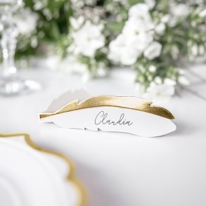 Bordkort Fjer Hvid m. Guld/ 10 Stk. 