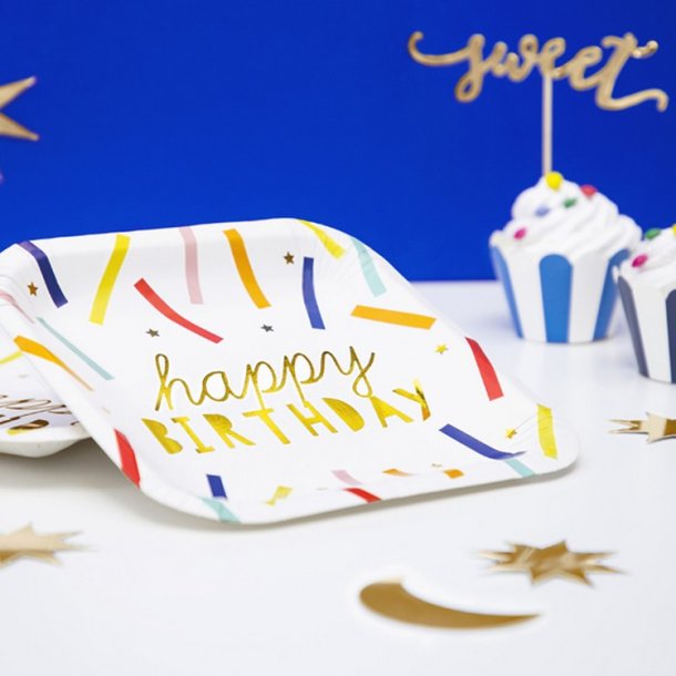 Happy Birthday Konfetti Tallerkener 20 Cm./ 6 Stk.