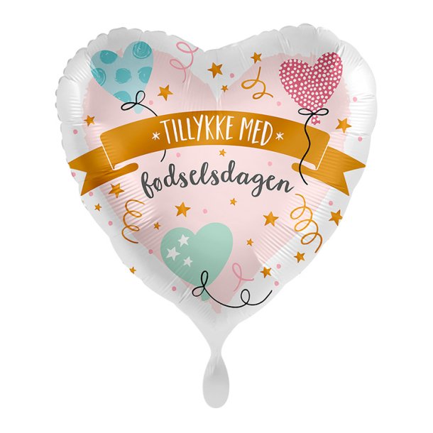 Hjerteformet Folieballon 43 cm. / Tillykke med Fdselsdagen