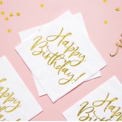 Servietter Guld "Happy Birthday" 33 x 33 Cm/ 20 Stk.