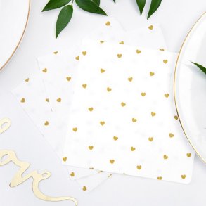 Servietter Hvide M. Guld Hjerter 33x33 Cm./ 20 Stk.