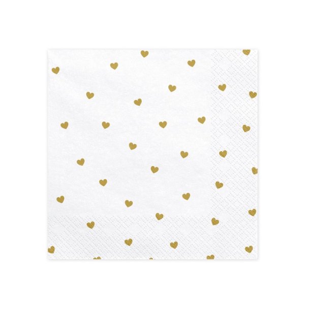 Servietter Hvide M. Guld Hjerter 33x33 Cm./ 20 Stk.