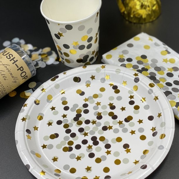 Engangsservice/10 pers. Hvid m. Sort,Guld,Slv