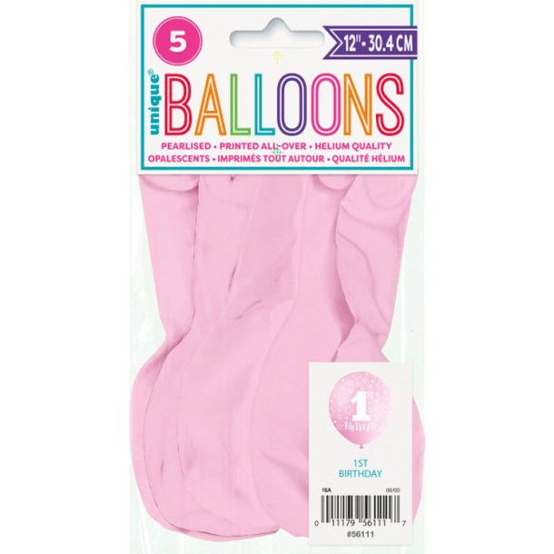 Latex Ballon '1st Birthday'  Rosa / 5 stk. 