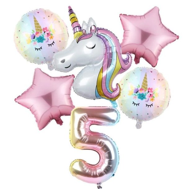 Foliebuket 6 Stk. M. Tal/ Unicorn 82 cm.